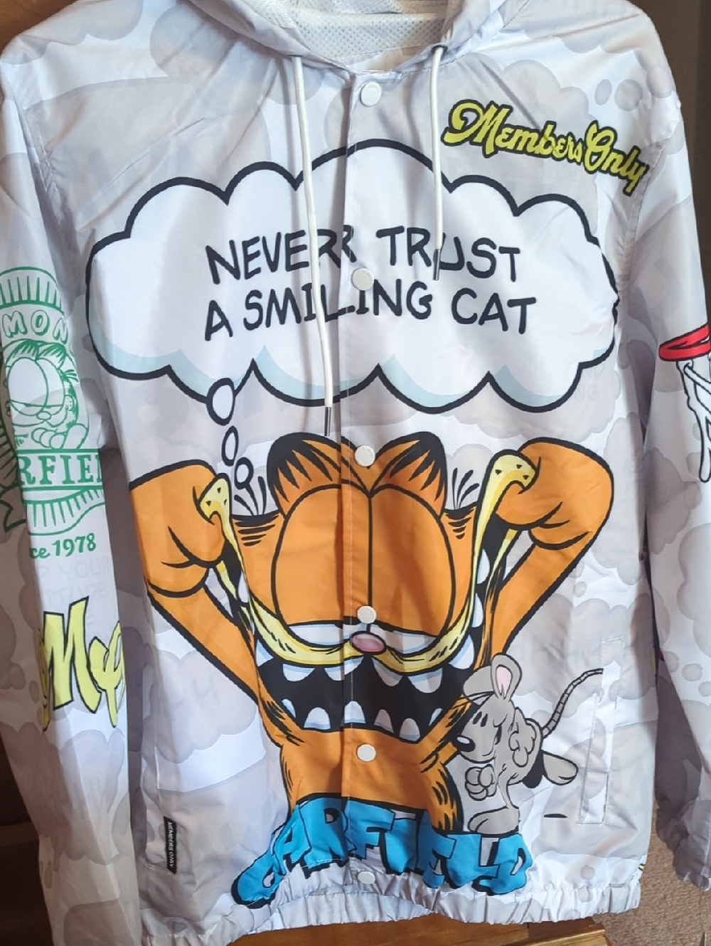 Members Only White Gray Hooded Graphic Jacket w Orange Accents Garfield M  SALE